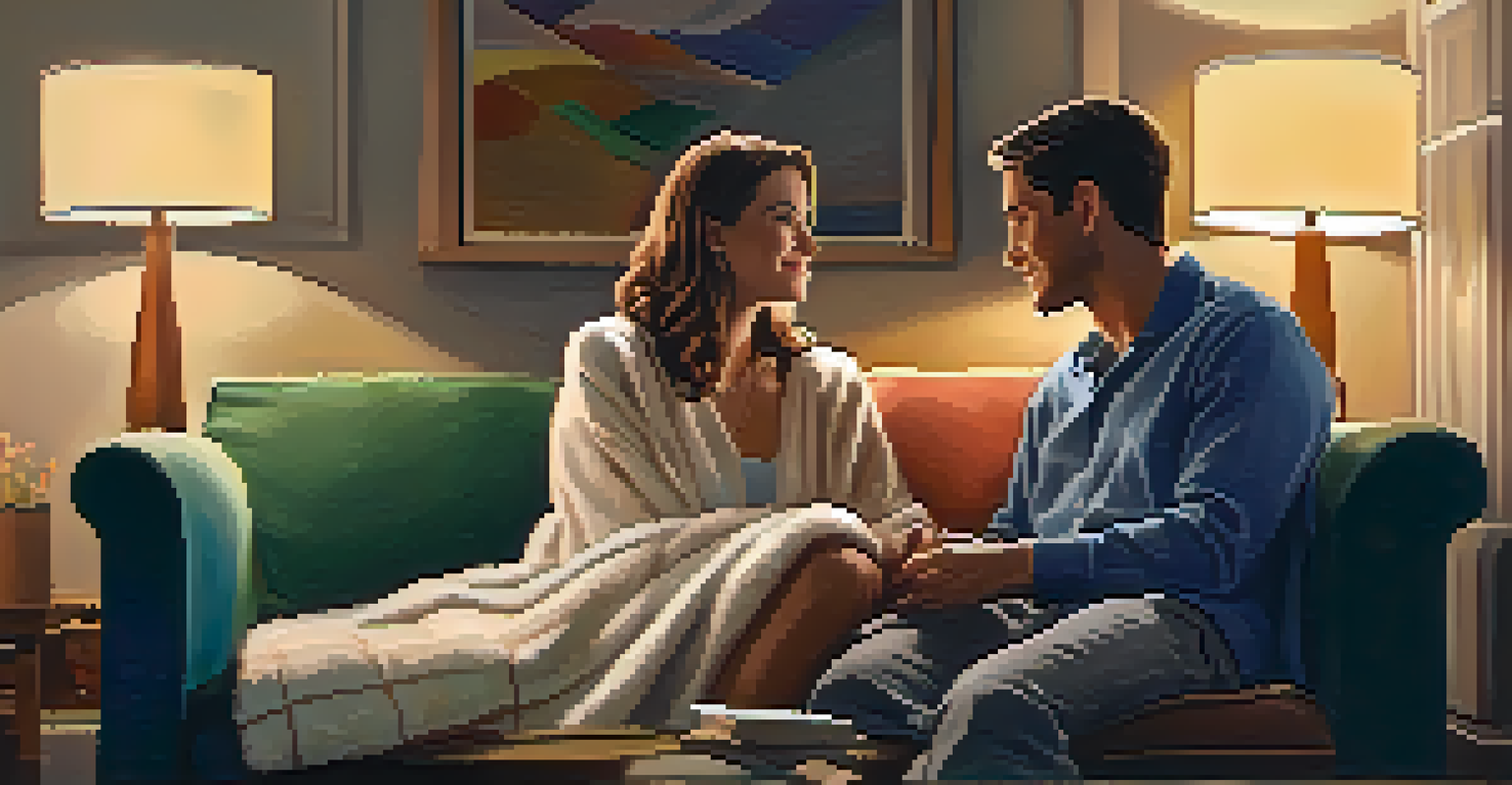 A couple sitting on a couch in a living room, having a heartfelt conversation with warm lighting.