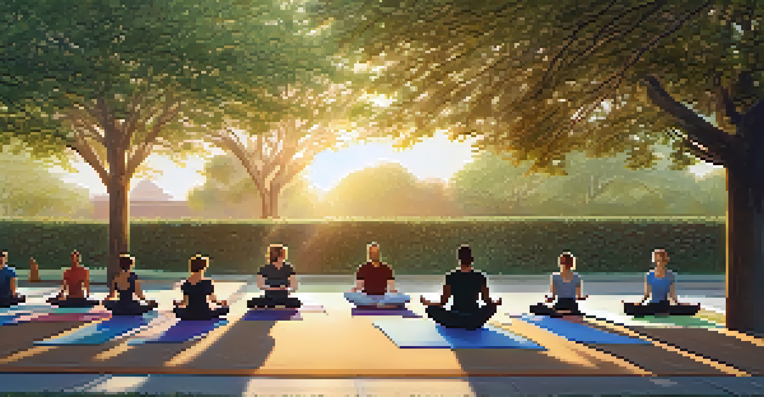 Employees practicing yoga in a serene outdoor office park, with trees and a sunset creating a peaceful ambiance.