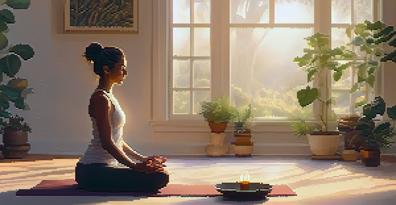 A person doing yoga in a tranquil room, surrounded by calming plants and candles, promoting relaxation.