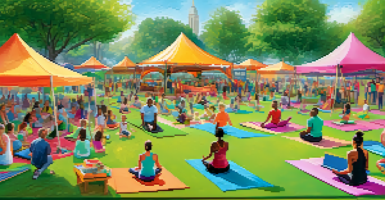 An outdoor wellness fair in a park with colorful tents and booths, where a wellness coach demonstrates yoga to diverse families and individuals.