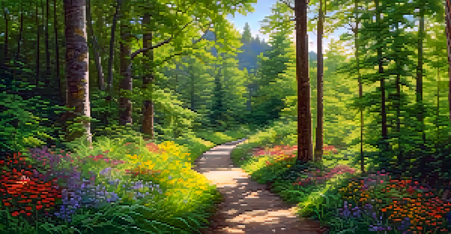 A winding path through a lush green forest with sunlight filtering through the trees and a person walking.