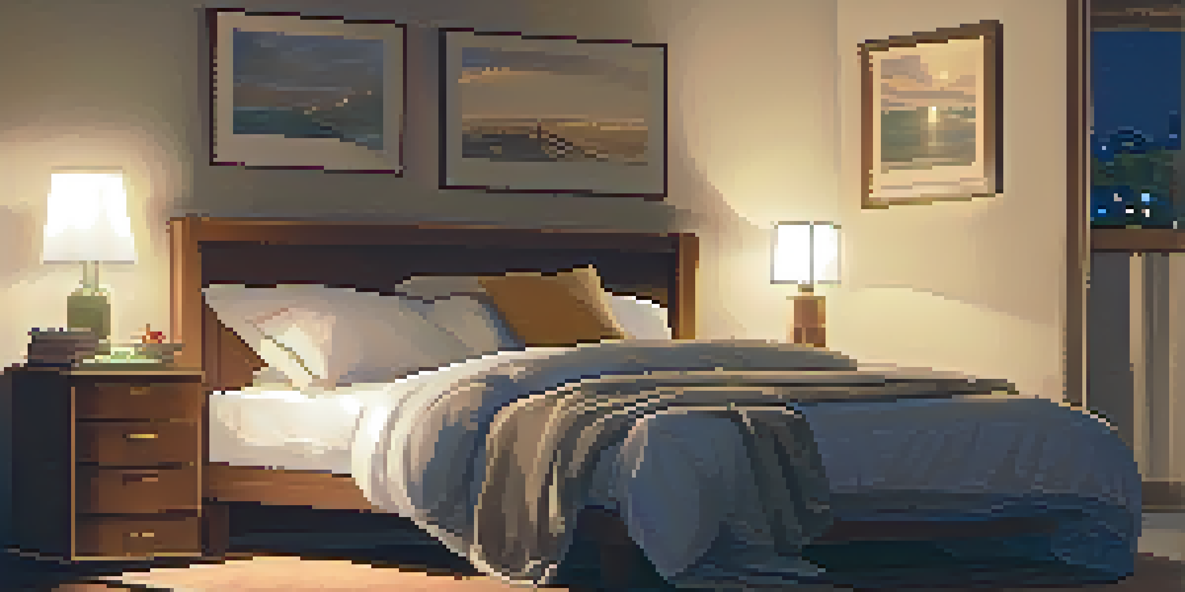 A cozy bedroom with a neatly made bed, soft pillows, and warm lighting, promoting a peaceful sleep environment.