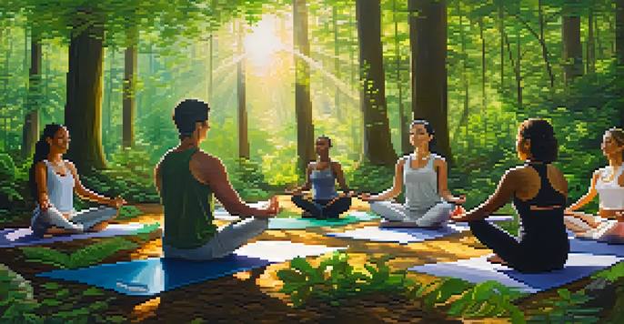 A group of people meditating in a tranquil forest, surrounded by green trees and gentle sunlight.