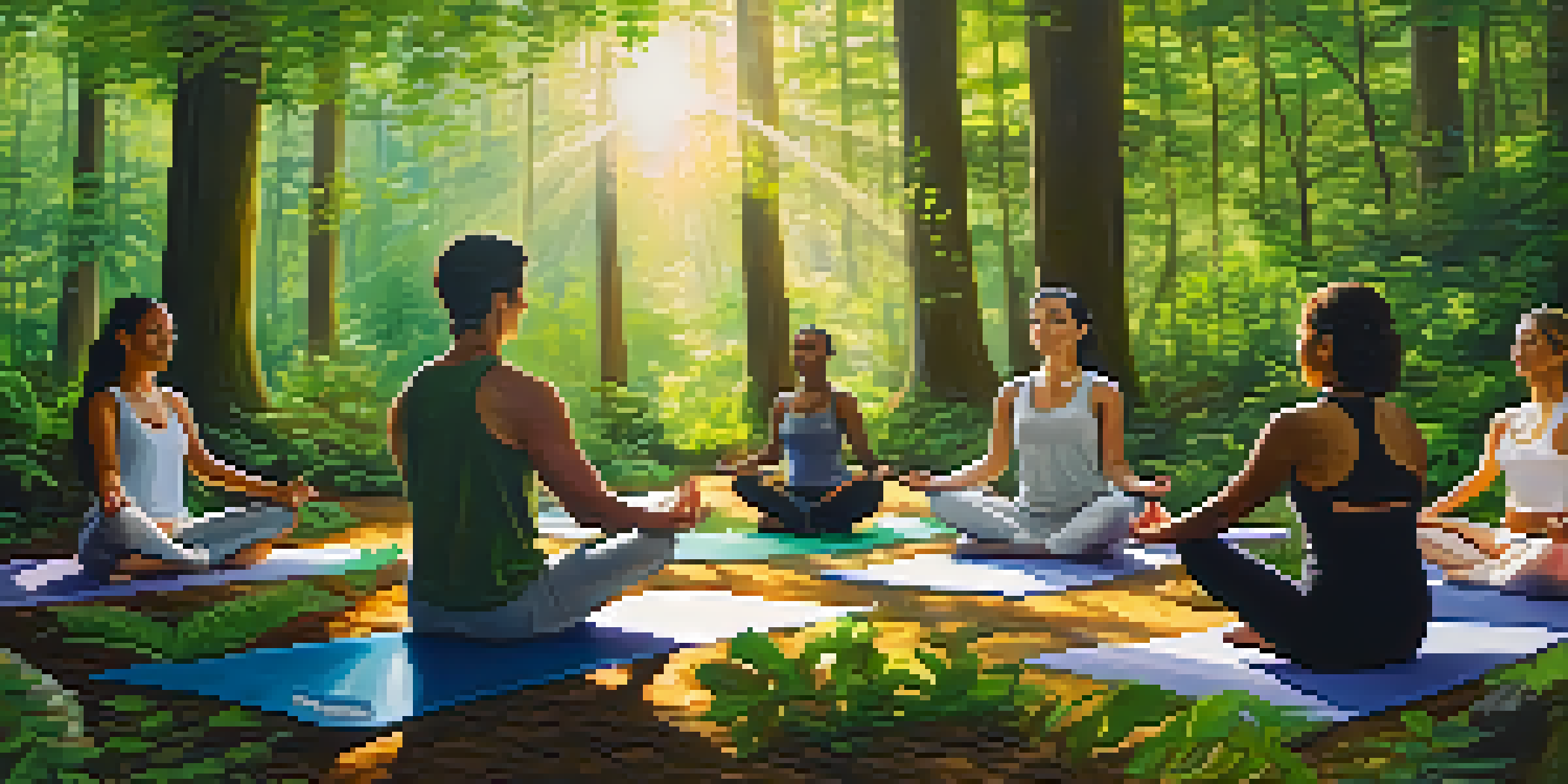 A group of people meditating in a tranquil forest, surrounded by green trees and gentle sunlight.