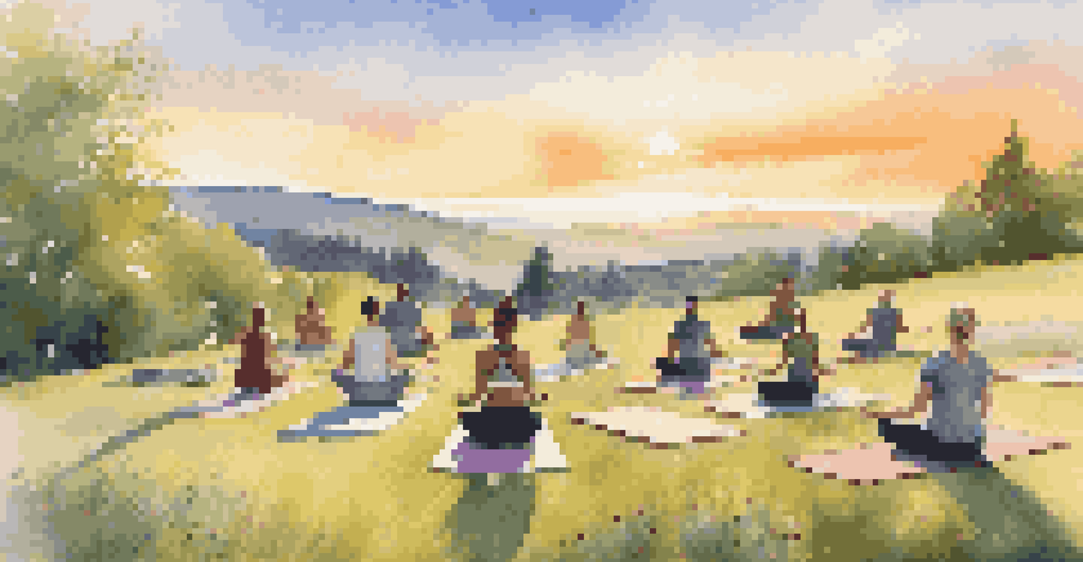 A group of diverse individuals practicing yoga on a hillside during golden hour, surrounded by wildflowers.
