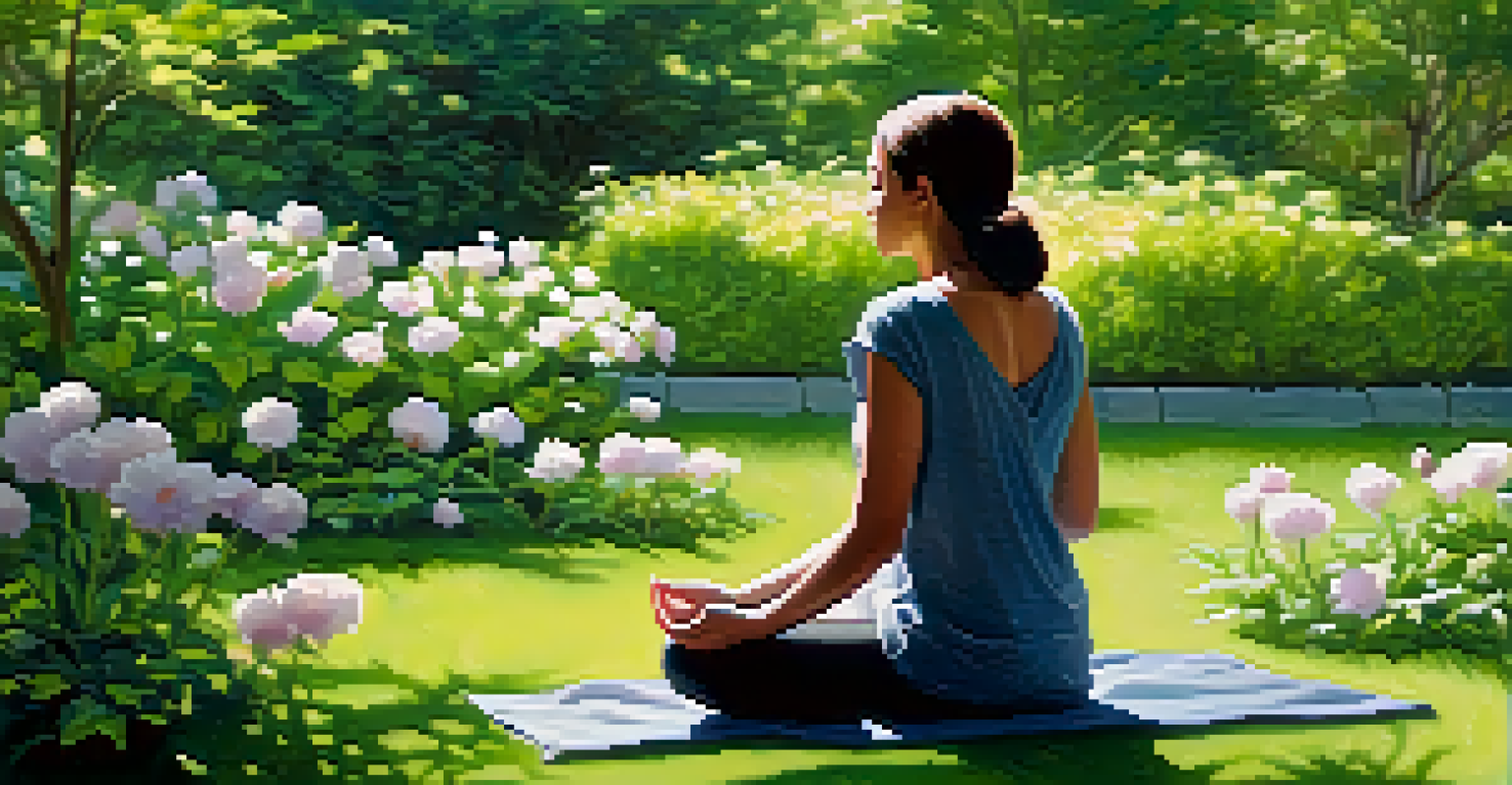 A person meditating in a beautiful garden surrounded by flowers and greenery.