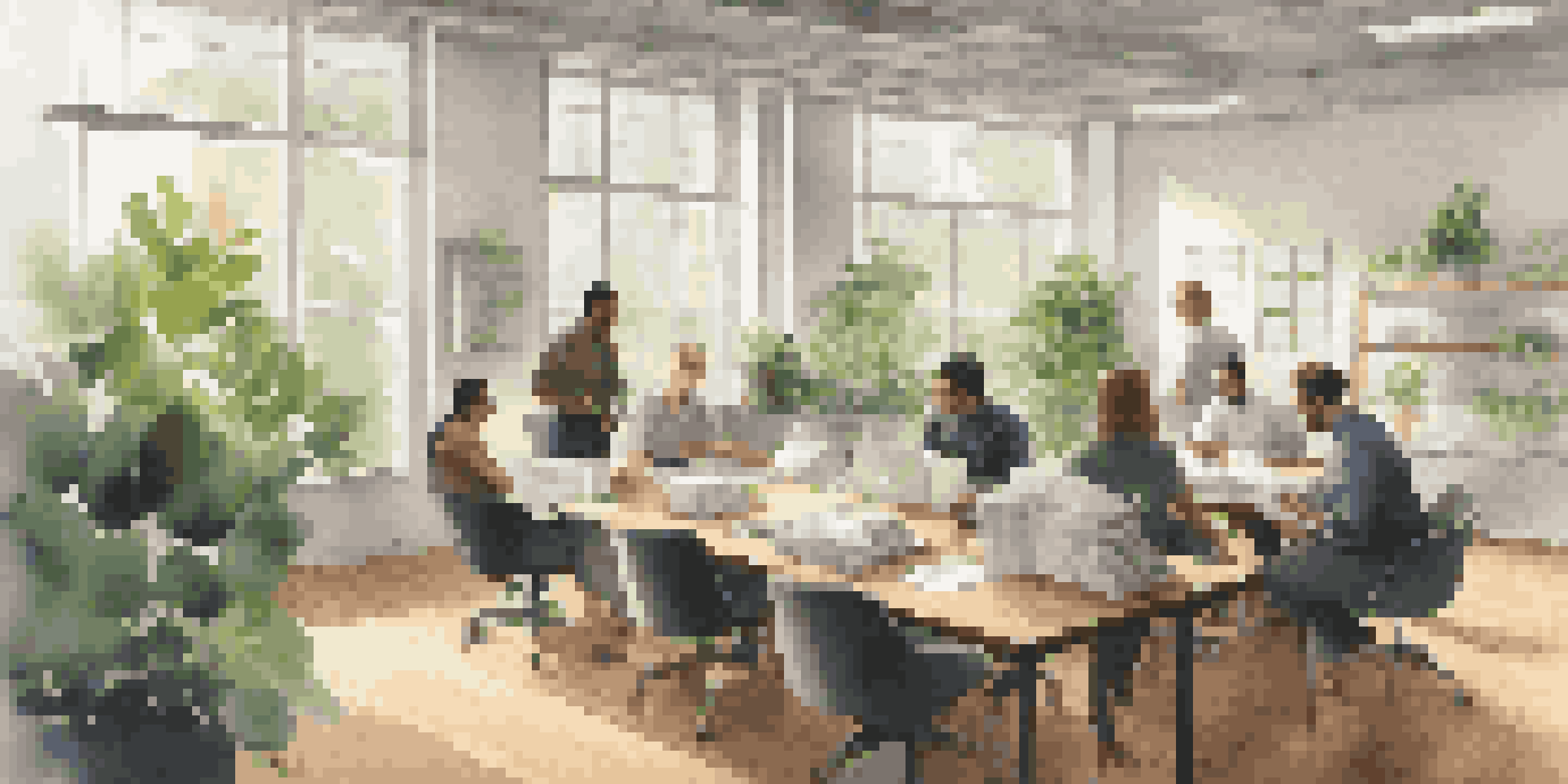A group of employees in an office setting sharing appreciation notes and smiling at each other.