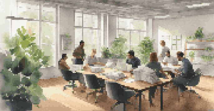 A group of employees in an office setting sharing appreciation notes and smiling at each other.