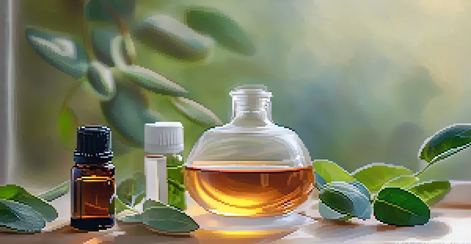 A close-up view of a diffuser releasing mist with colorful essential oil bottles around it.