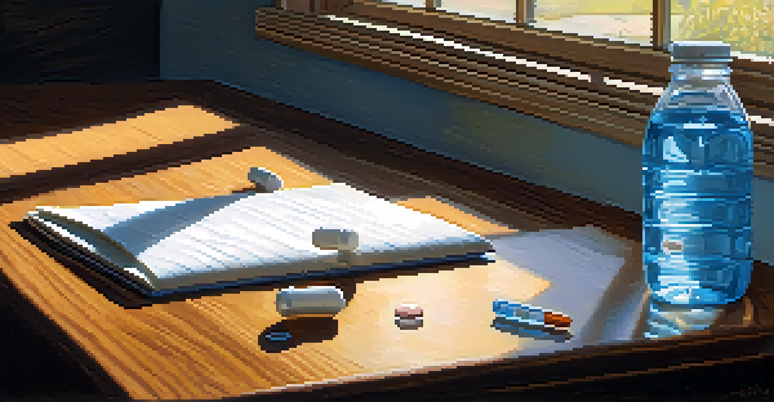 A close-up of a hand reaching for a water bottle on a table with pills and a notepad in soft light.