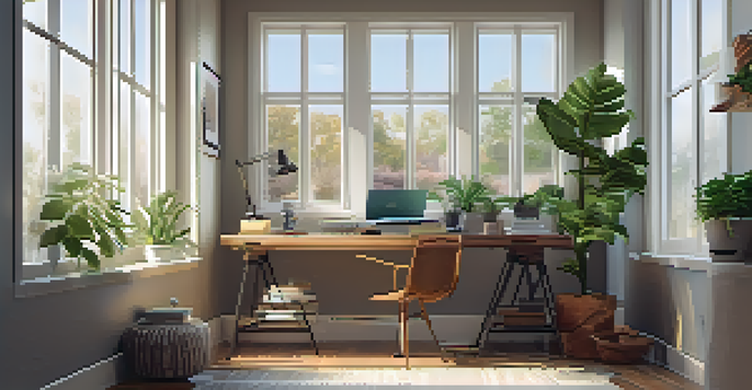 A cozy home office with natural light, a desk with a laptop and a cup of tea, and a yoga mat, symbolizing a balanced lifestyle.