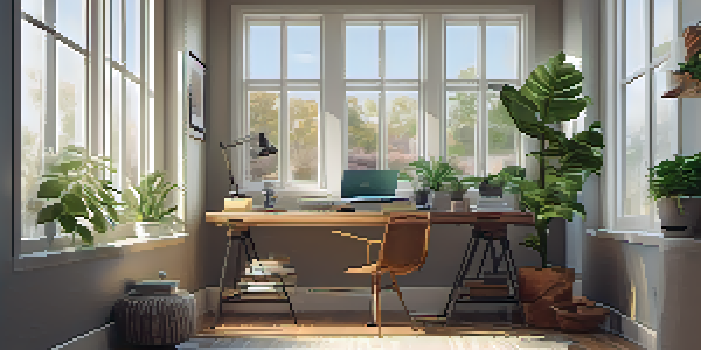 A cozy home office with natural light, a desk with a laptop and a cup of tea, and a yoga mat, symbolizing a balanced lifestyle.
