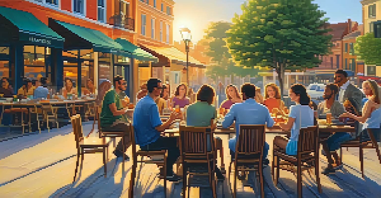 A group of friends dining outdoors at a café, discussing dietary options while enjoying colorful meals under a beautiful sunset, creating a warm atmosphere.