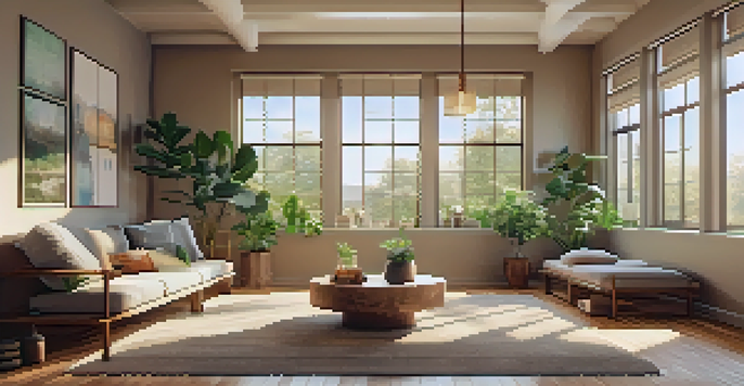 A peaceful detox room with natural lighting, plants, and comfortable seating, designed for recovery.