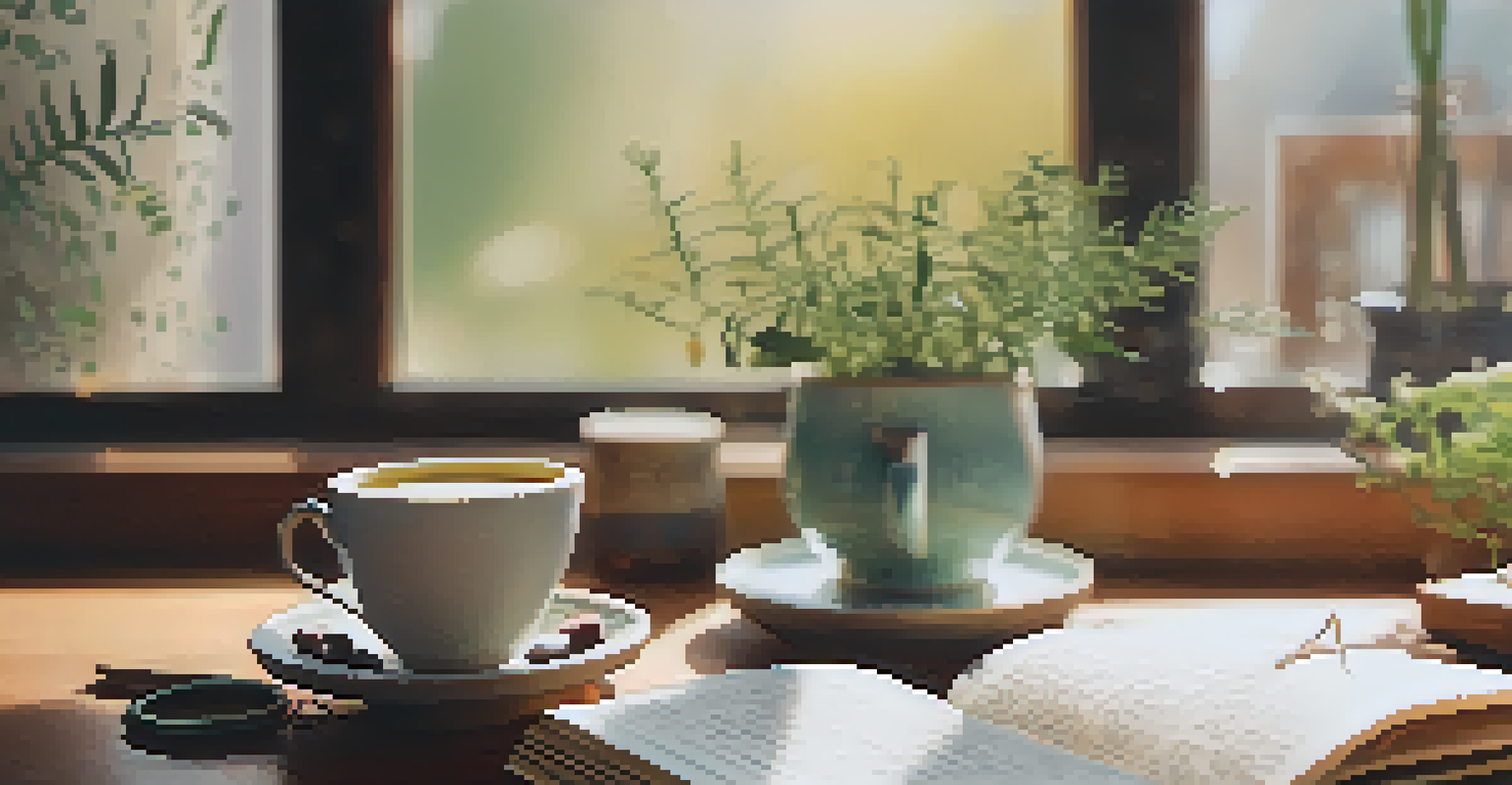 A journal with handwritten affirmations next to a cup of tea in a cozy, well-lit room with plants.