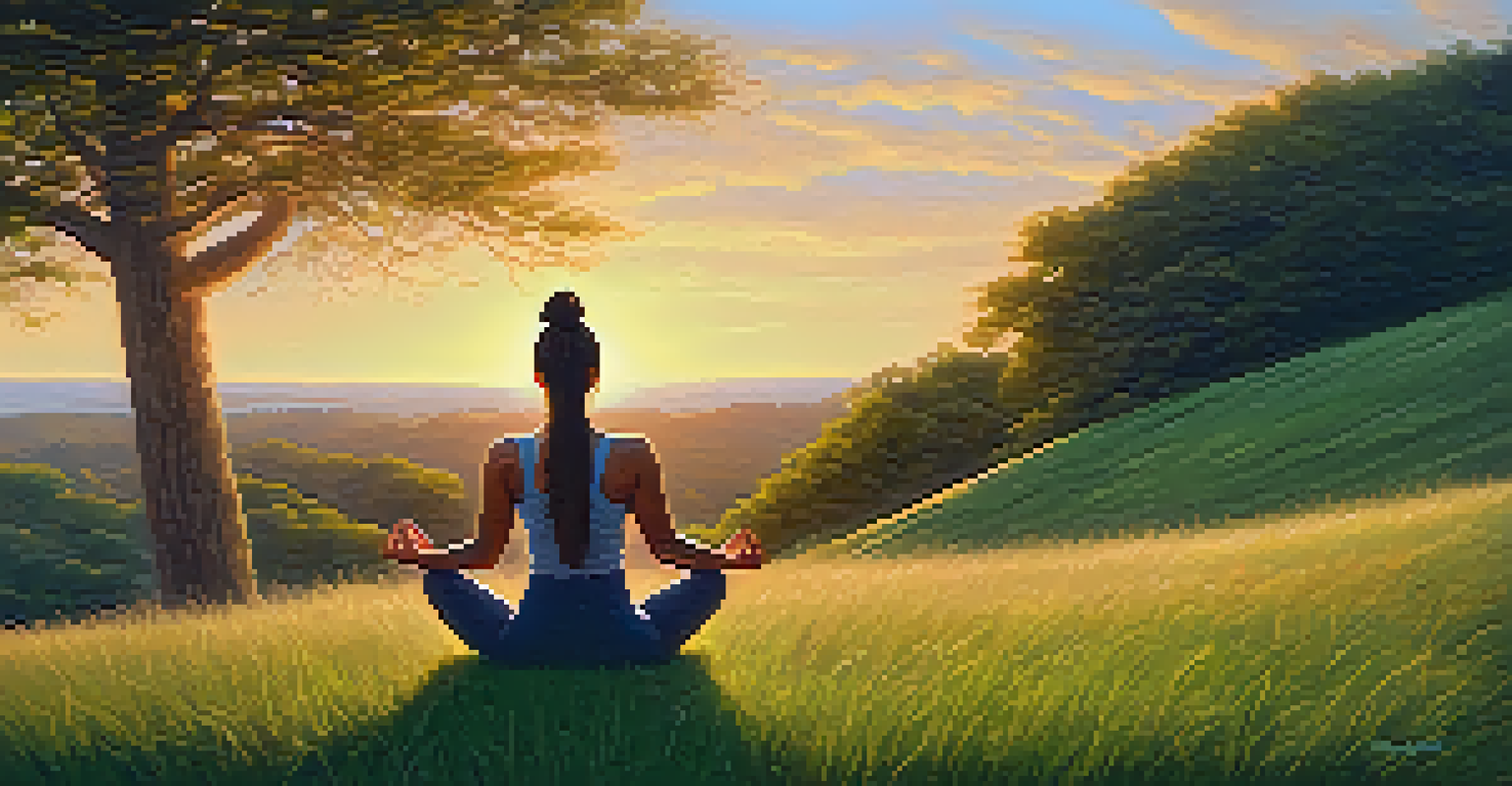 A person practicing yoga on a hillside at sunset, surrounded by greenery, embodying mindfulness and stress relief.