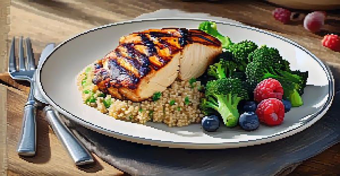 A colorful plate with grilled chicken, steamed broccoli, quinoa, and fresh berries, arranged on a wooden table with natural light.