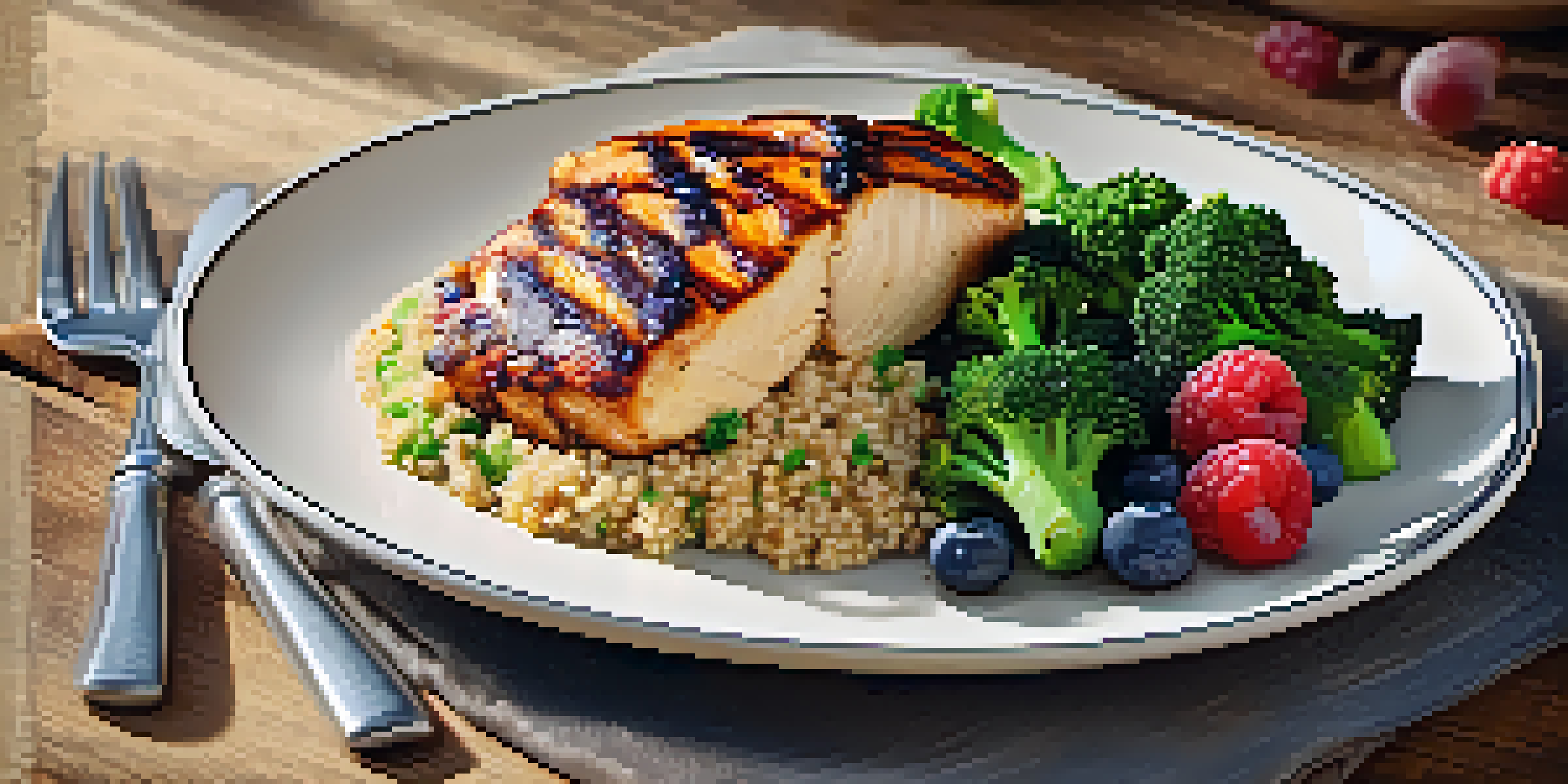 A colorful plate with grilled chicken, steamed broccoli, quinoa, and fresh berries, arranged on a wooden table with natural light.