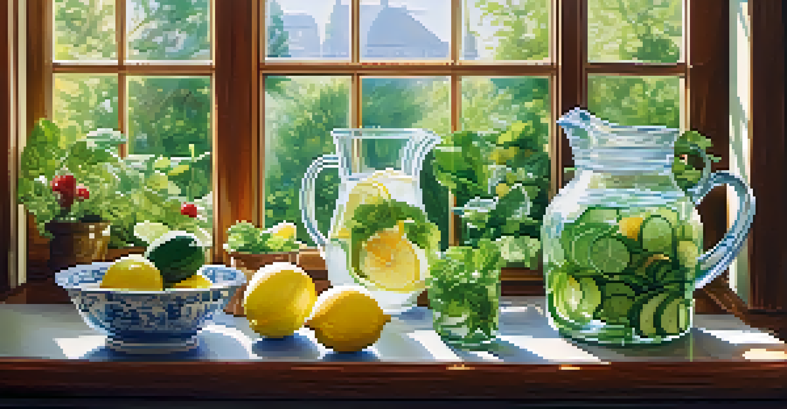 A kitchen scene with a glass pitcher of infused water and fresh fruits and herbs on a counter.