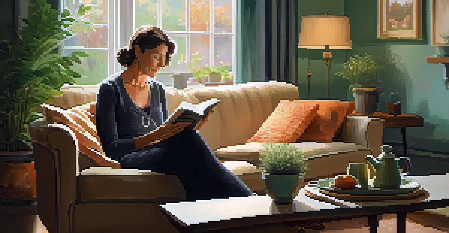 A woman in her late 40s reading a book about menopause in a cozy living room, surrounded by plants and a cup of tea.