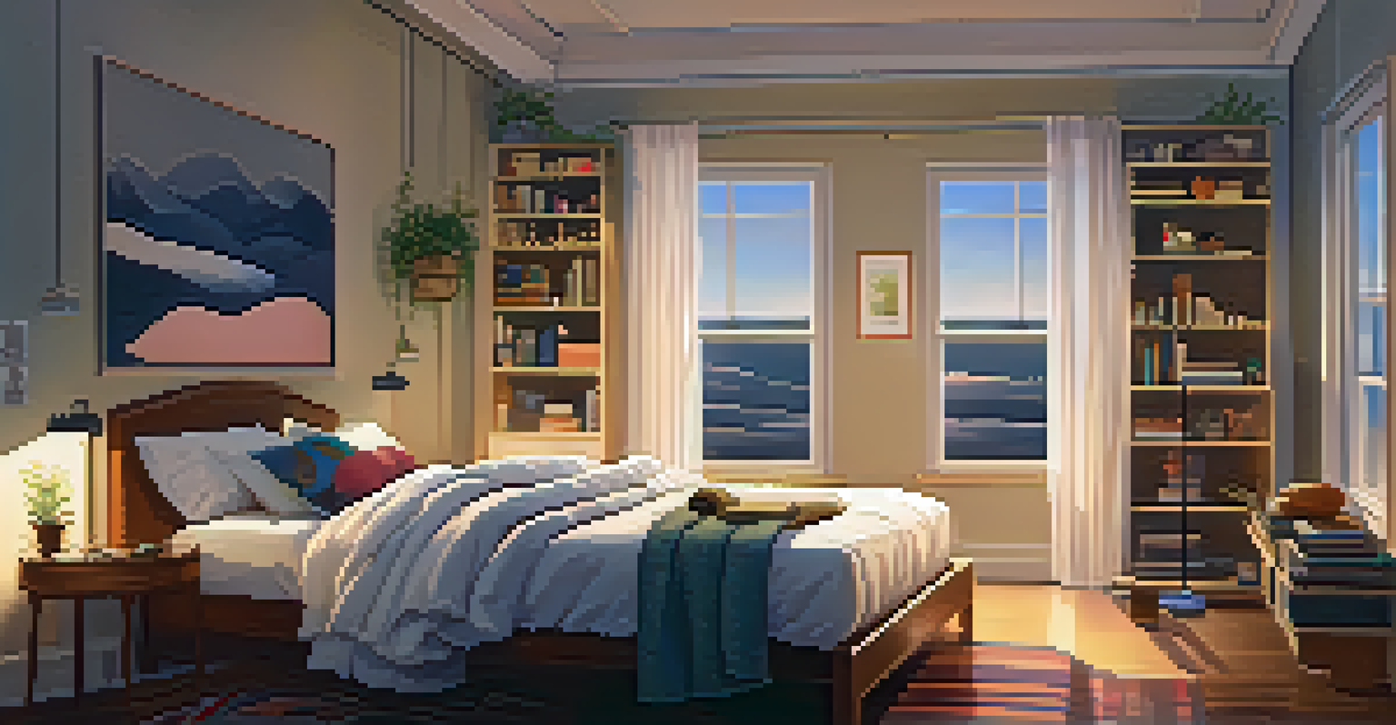 A collage of sleep hygiene techniques including mindfulness exercises, reading in bed, and adjusting a white noise machine in a calming environment.