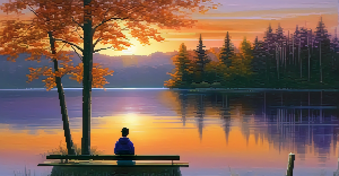 A person sitting on a bench by a calm lake at sunset, surrounded by trees with golden leaves.