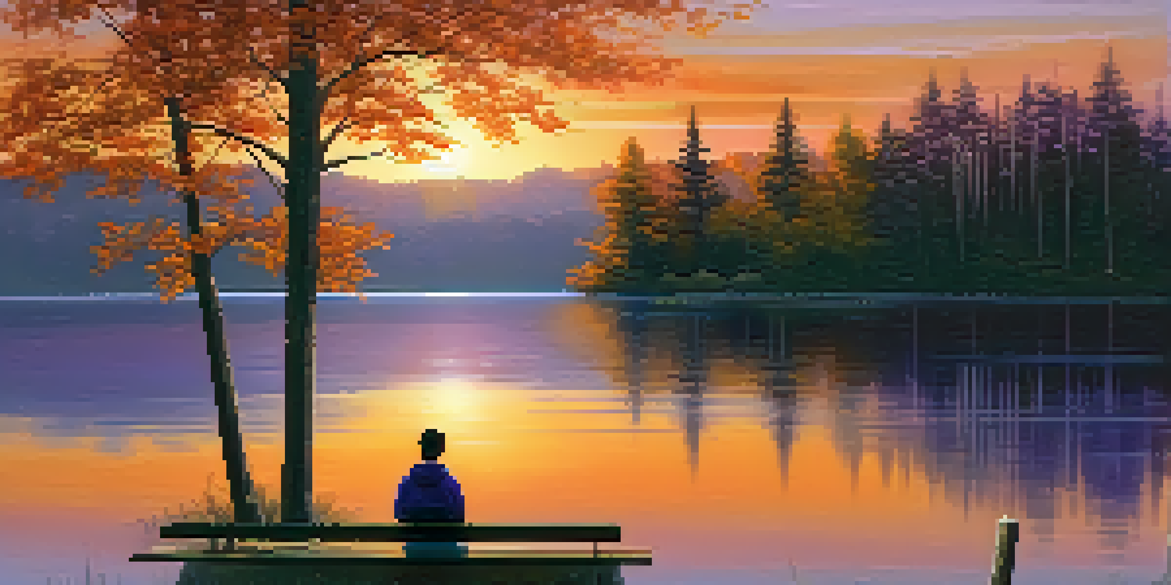 A person sitting on a bench by a calm lake at sunset, surrounded by trees with golden leaves.
