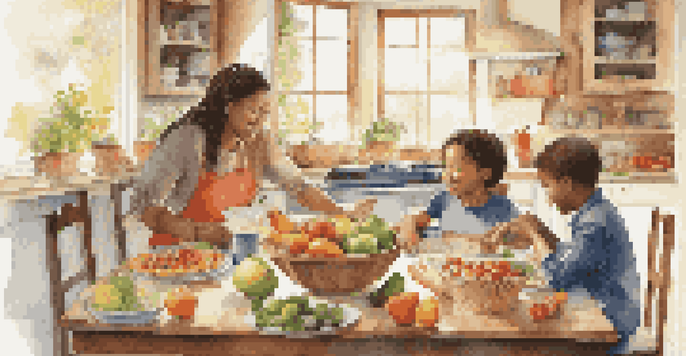 A family of four enjoying a meal in a bright kitchen, filled with colorful fruits and vegetables.