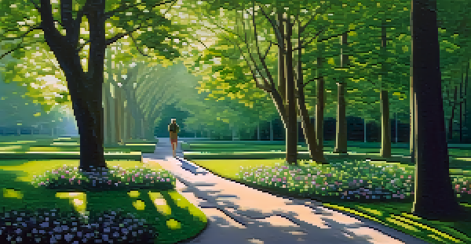 A tranquil park scene with a winding path, colorful flowers, and a person walking under the sunlight filtering through trees.