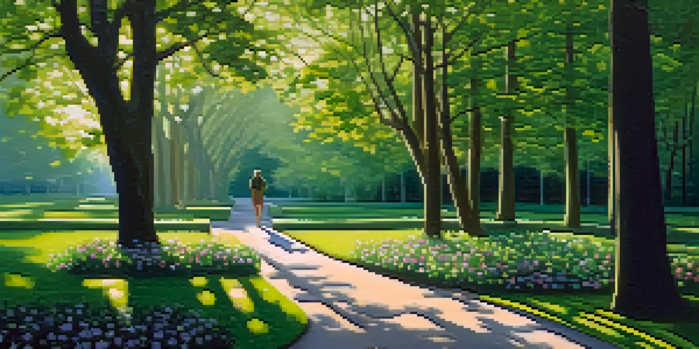 A tranquil park scene with a winding path, colorful flowers, and a person walking under the sunlight filtering through trees.