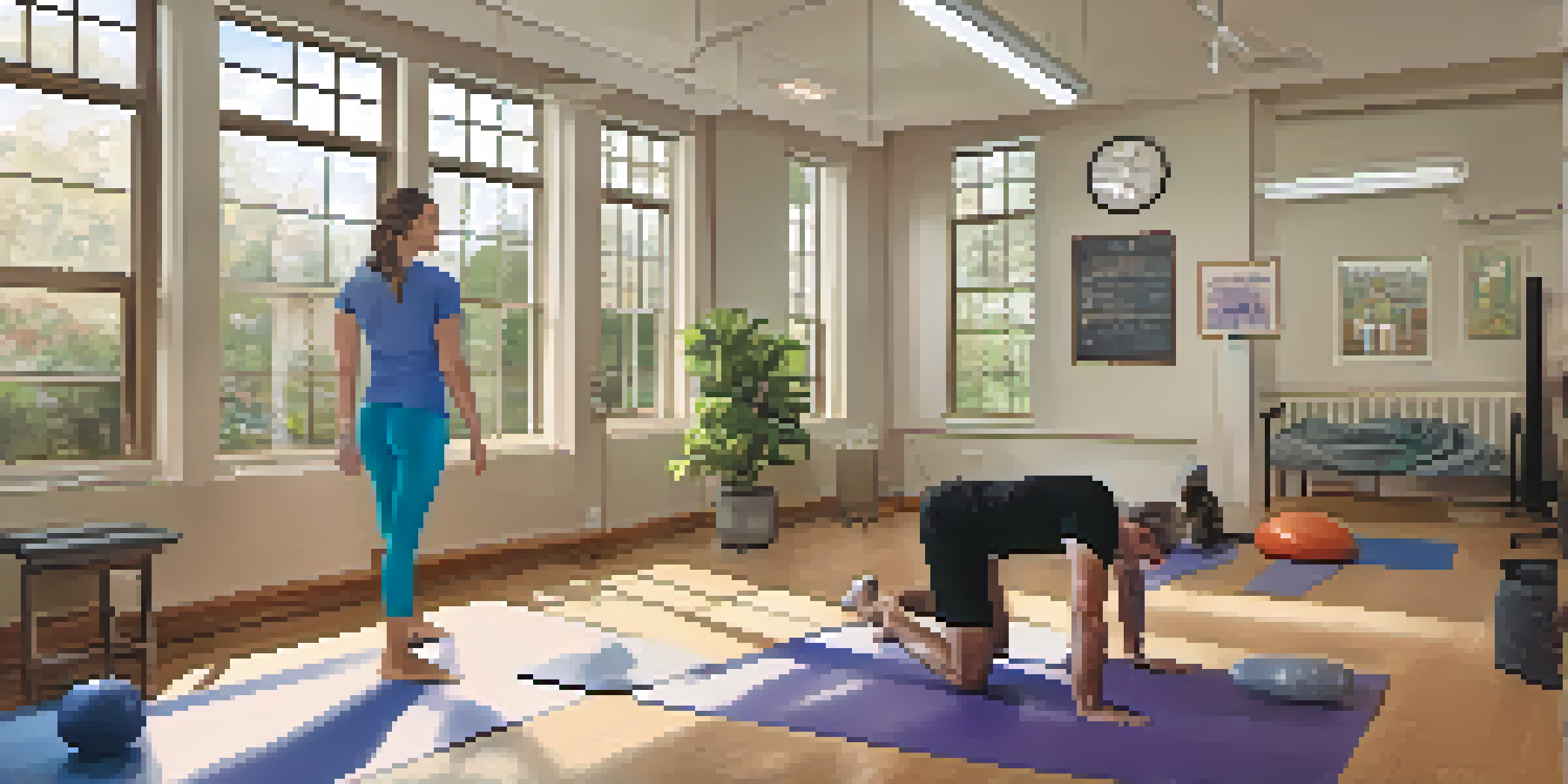 A physical therapist assisting a young woman with rehabilitation exercises in a bright clinic.