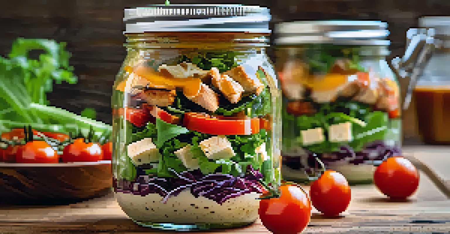 A close-up of a colorful mason jar salad with layered ingredients, including greens and chicken.