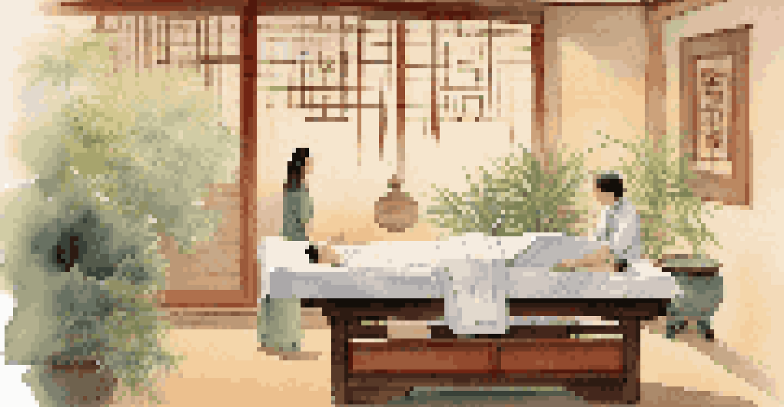 An acupuncture session taking place in a tranquil clinic, showing a patient with needles and a caring acupuncturist in a calming environment.
