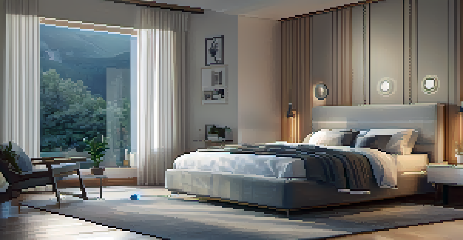 A modern bedroom with smart technology for sleep optimization, featuring a sleep tracker and soft lighting.