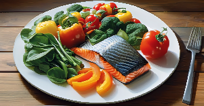A plate of nutrient-rich foods including salmon, walnuts, and colorful vegetables on a wooden table.