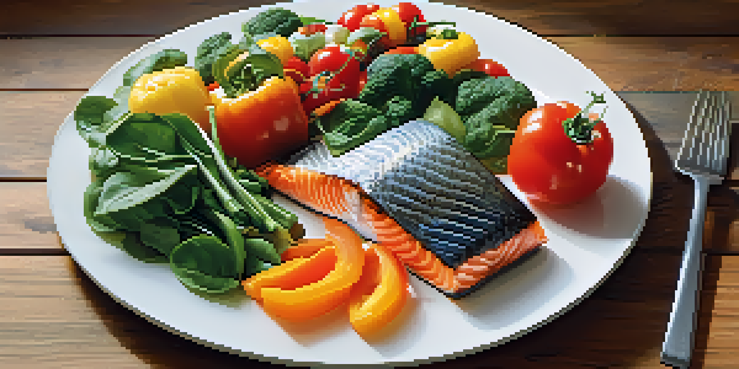 A plate of nutrient-rich foods including salmon, walnuts, and colorful vegetables on a wooden table.