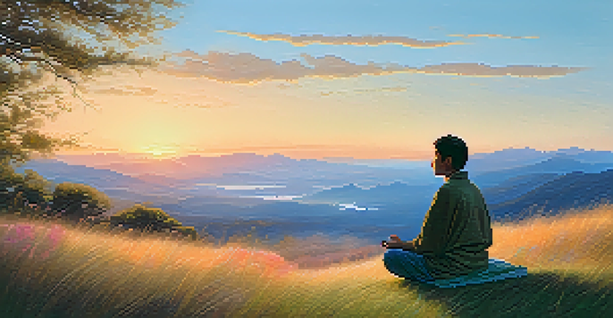 A person meditating on a grassy hilltop at sunrise, surrounded by mountains and a colorful sky.