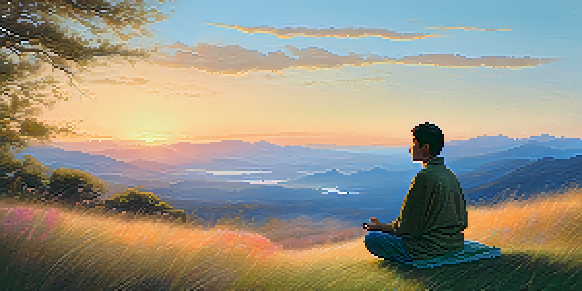 A person meditating on a grassy hilltop at sunrise, surrounded by mountains and a colorful sky.
