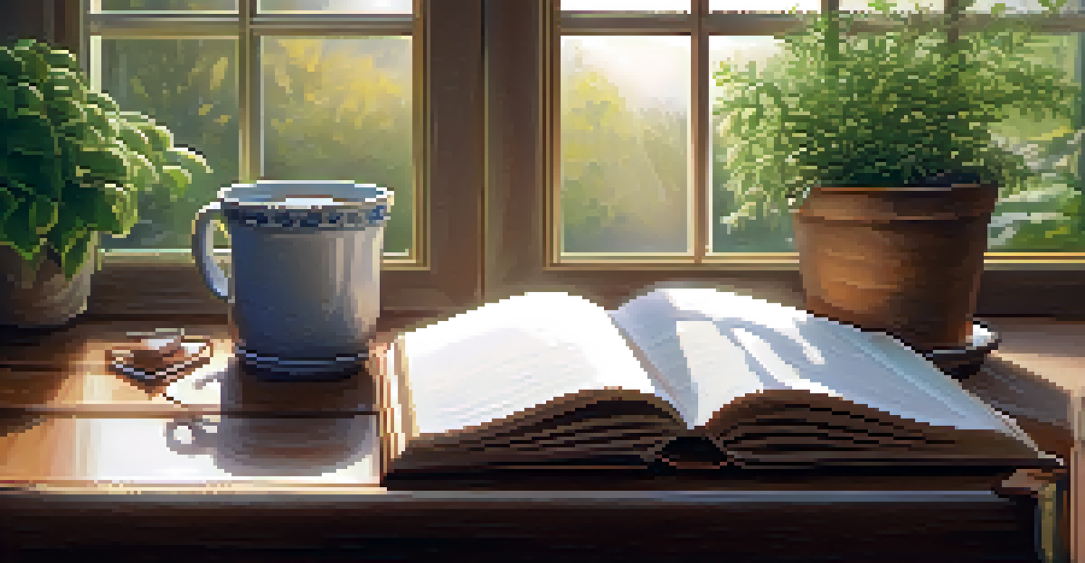 A cozy workspace featuring an open gratitude journal, a cup of herbal tea, and a small potted plant, all bathed in soft warm light.