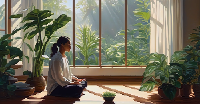 A person meditating in a sunlit room filled with plants, creating a peaceful and serene atmosphere.