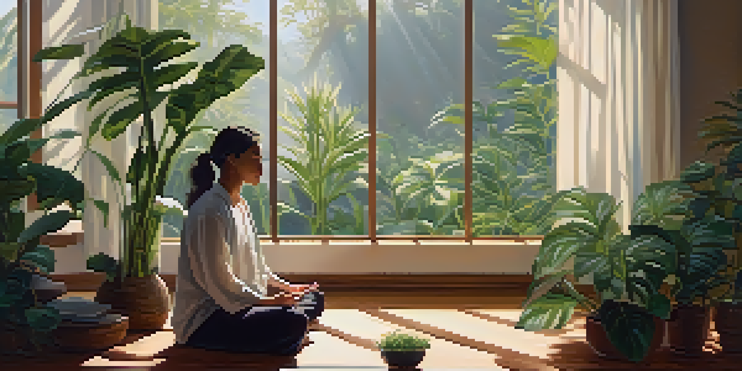 A person meditating in a sunlit room filled with plants, creating a peaceful and serene atmosphere.