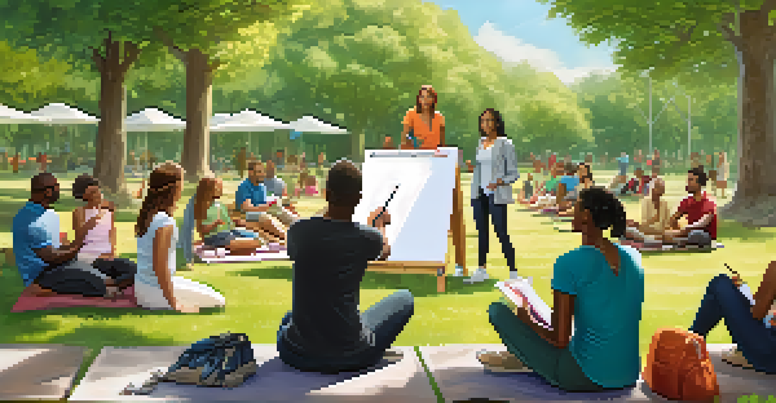 A health coach presenting SMART goals to a group of clients sitting in a park, surrounded by greenery.