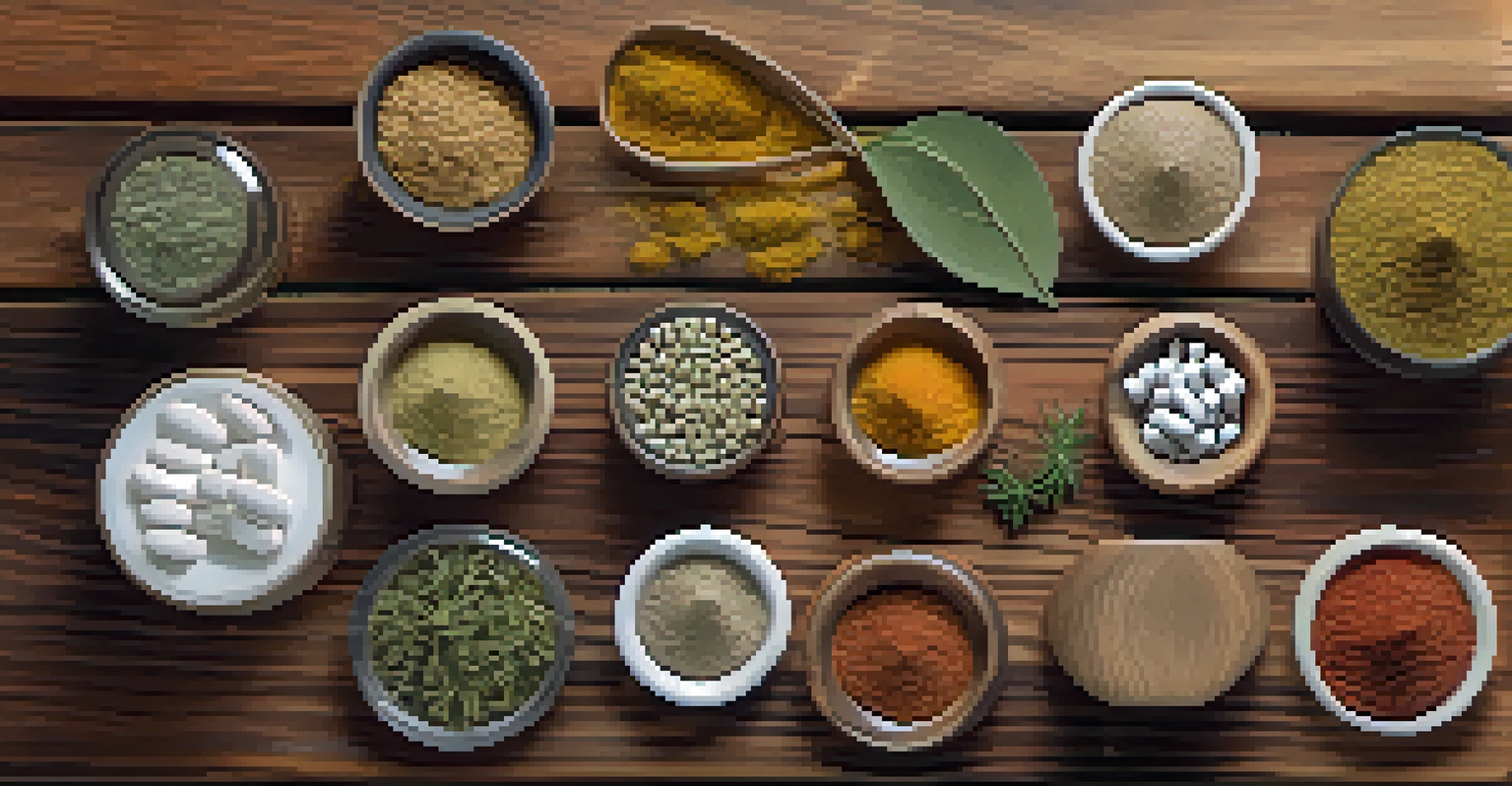 A variety of adaptogen supplements including capsules and powders arranged on a wooden surface with soft lighting.