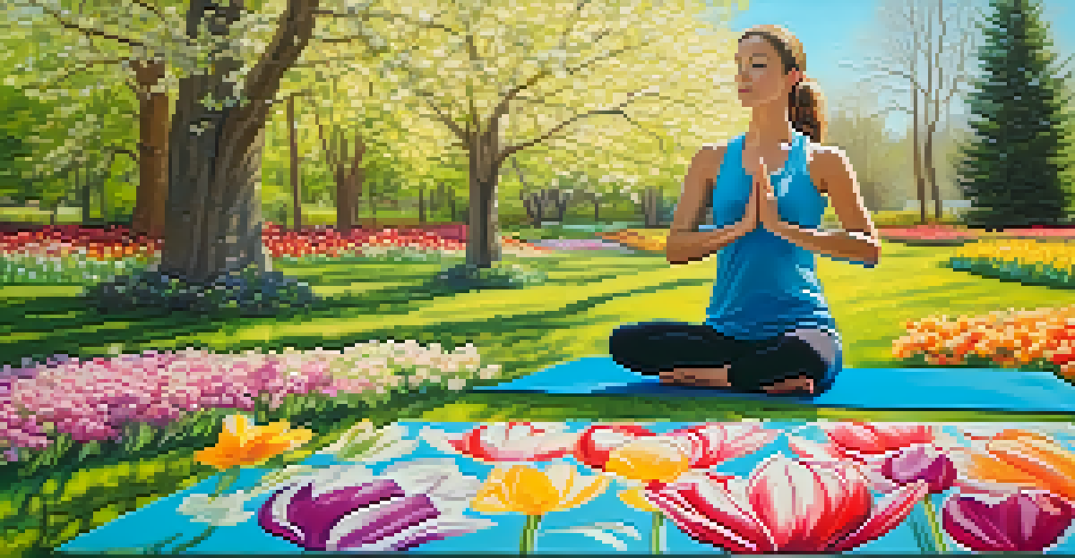 A lush spring garden with colorful flowers and a person practicing yoga in the midst of the blooms.