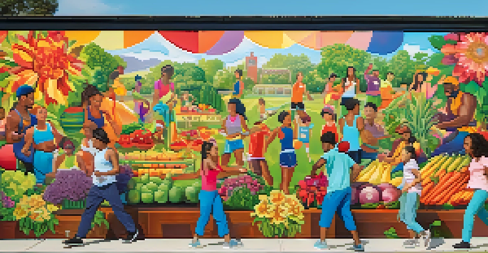 A colorful community mural illustrating diverse people participating in healthy activities, surrounded by flora and health-related symbols.