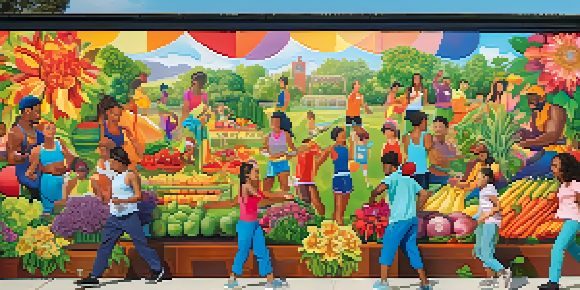 A colorful community mural illustrating diverse people participating in healthy activities, surrounded by flora and health-related symbols.