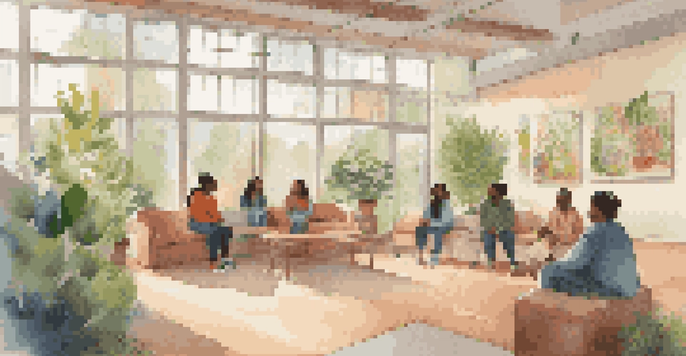 A cozy community center with young people discussing mental health in a supportive environment, illuminated by natural light.
