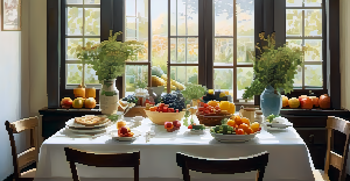 A peaceful dining table with fresh fruits and vegetables, sunlight streaming in, and a person enjoying their meal mindfully.