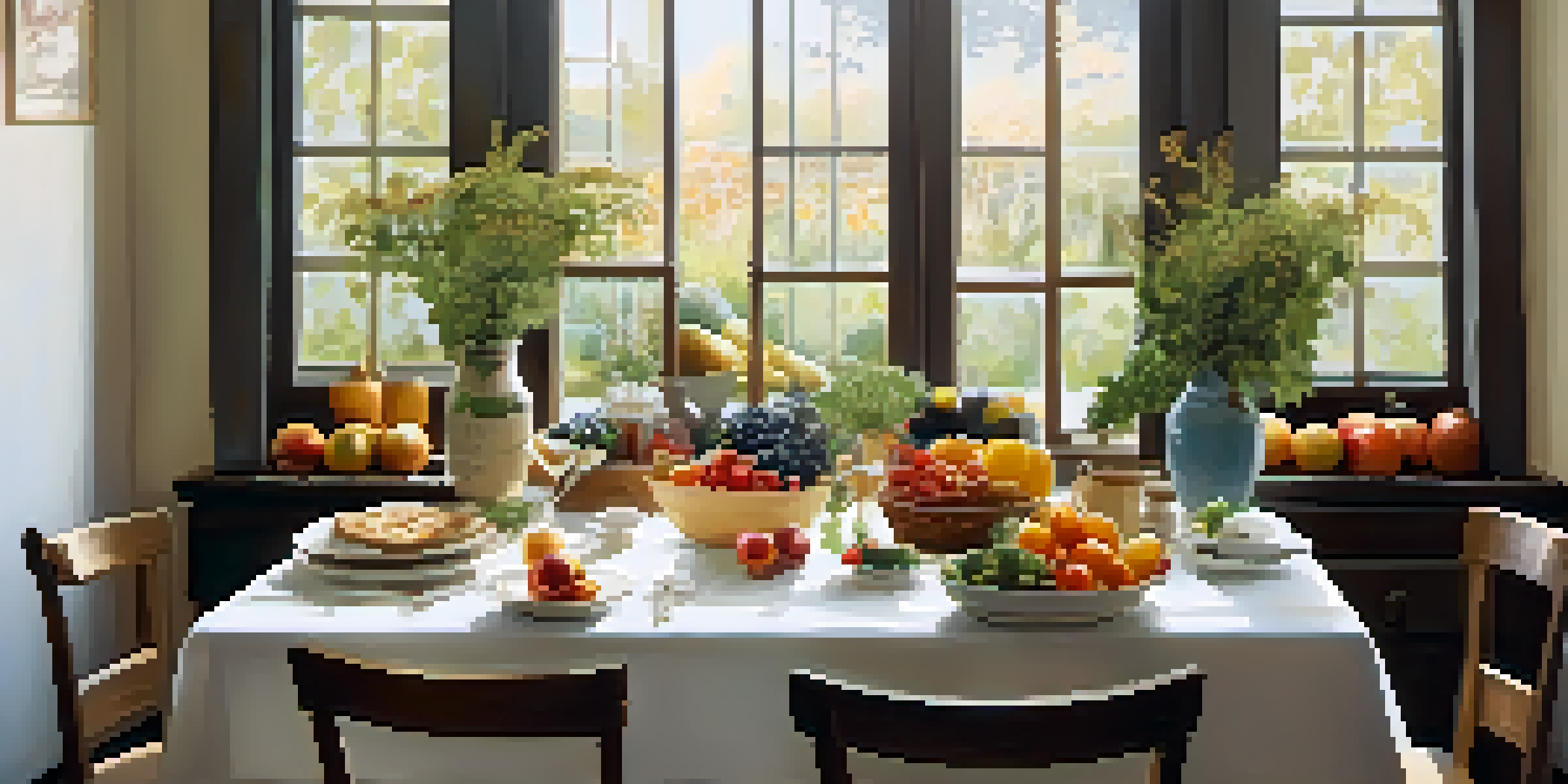 A peaceful dining table with fresh fruits and vegetables, sunlight streaming in, and a person enjoying their meal mindfully.