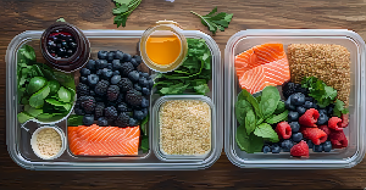 An overhead view of meal prep containers filled with salmon, quinoa, leafy greens, and berries on a wooden cutting board with fresh herbs.